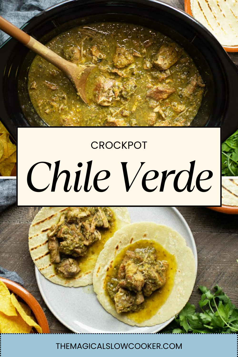 chile verde in a slow cooker and on a plate.