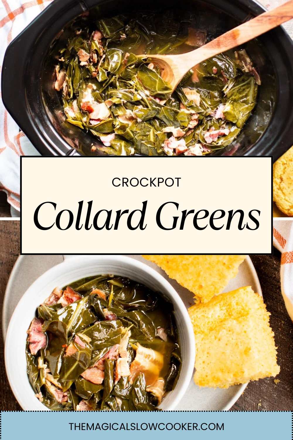 collard greens in a slow cooker and in a bowl with cornbread.
