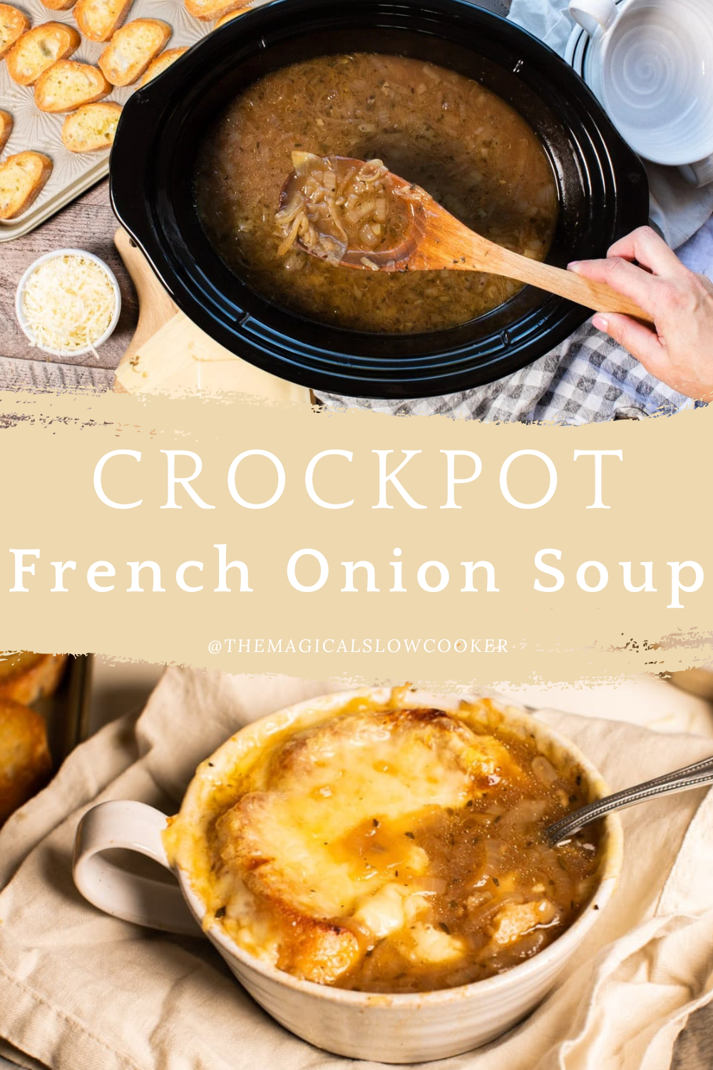 French onion soup in a slow cooker and in a bowl.