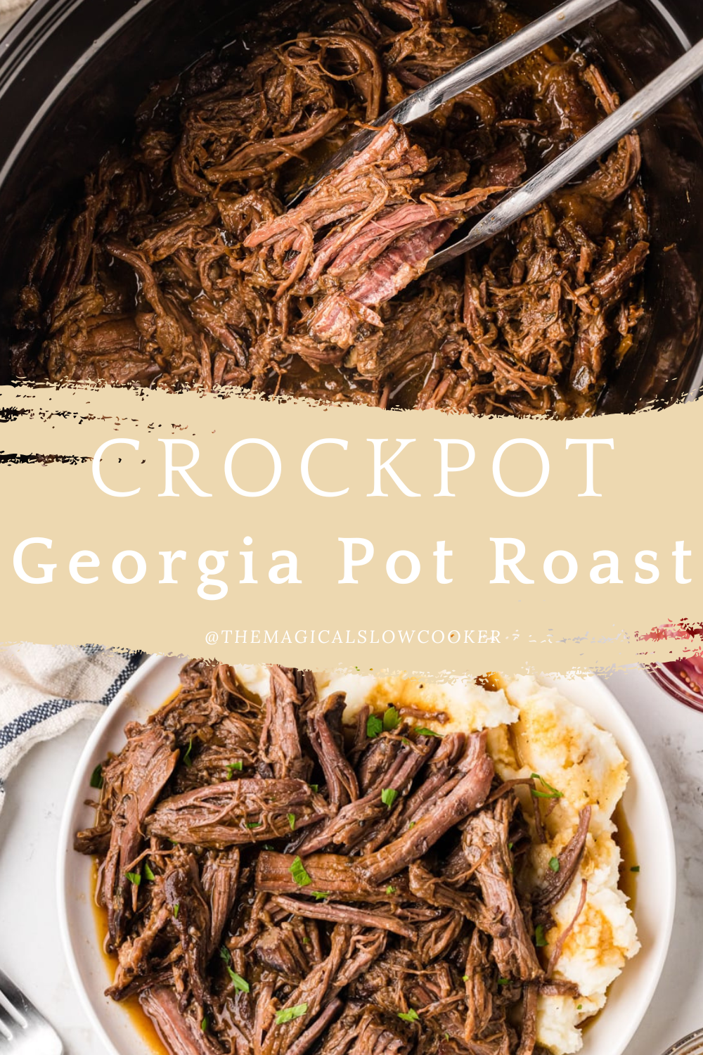 georgia pot roast in a slow cooker and on a plate.