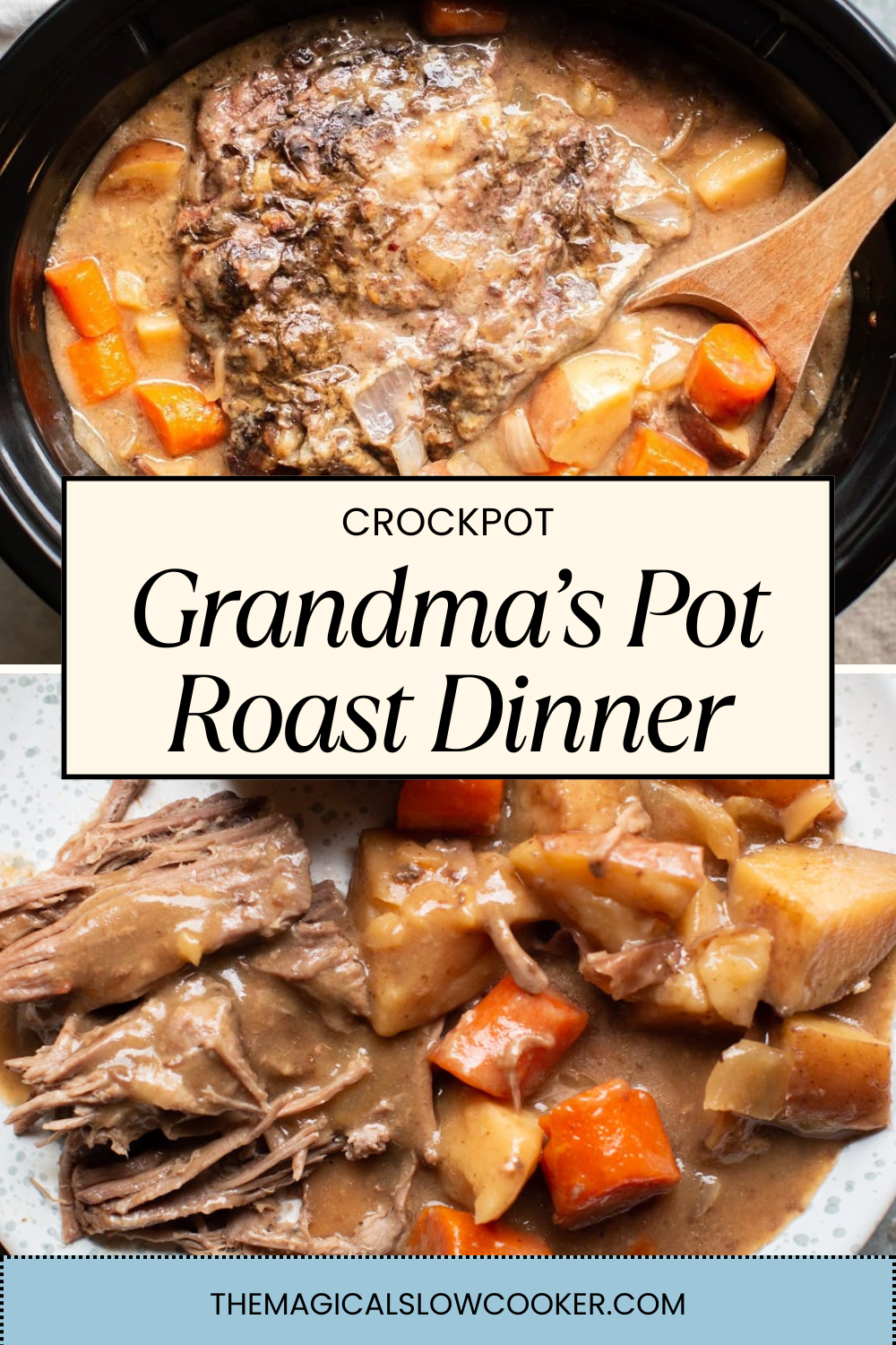 pot roast in a slow cooker and on a plate.
