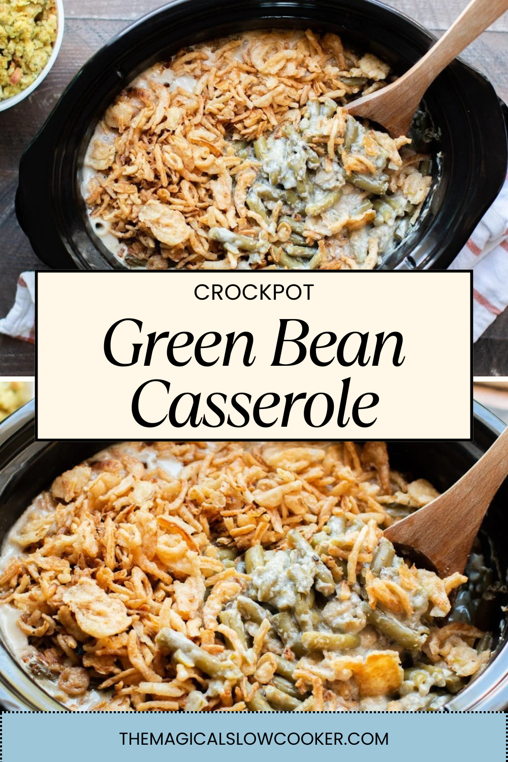 green bean casserole in a slow cooker and close up.