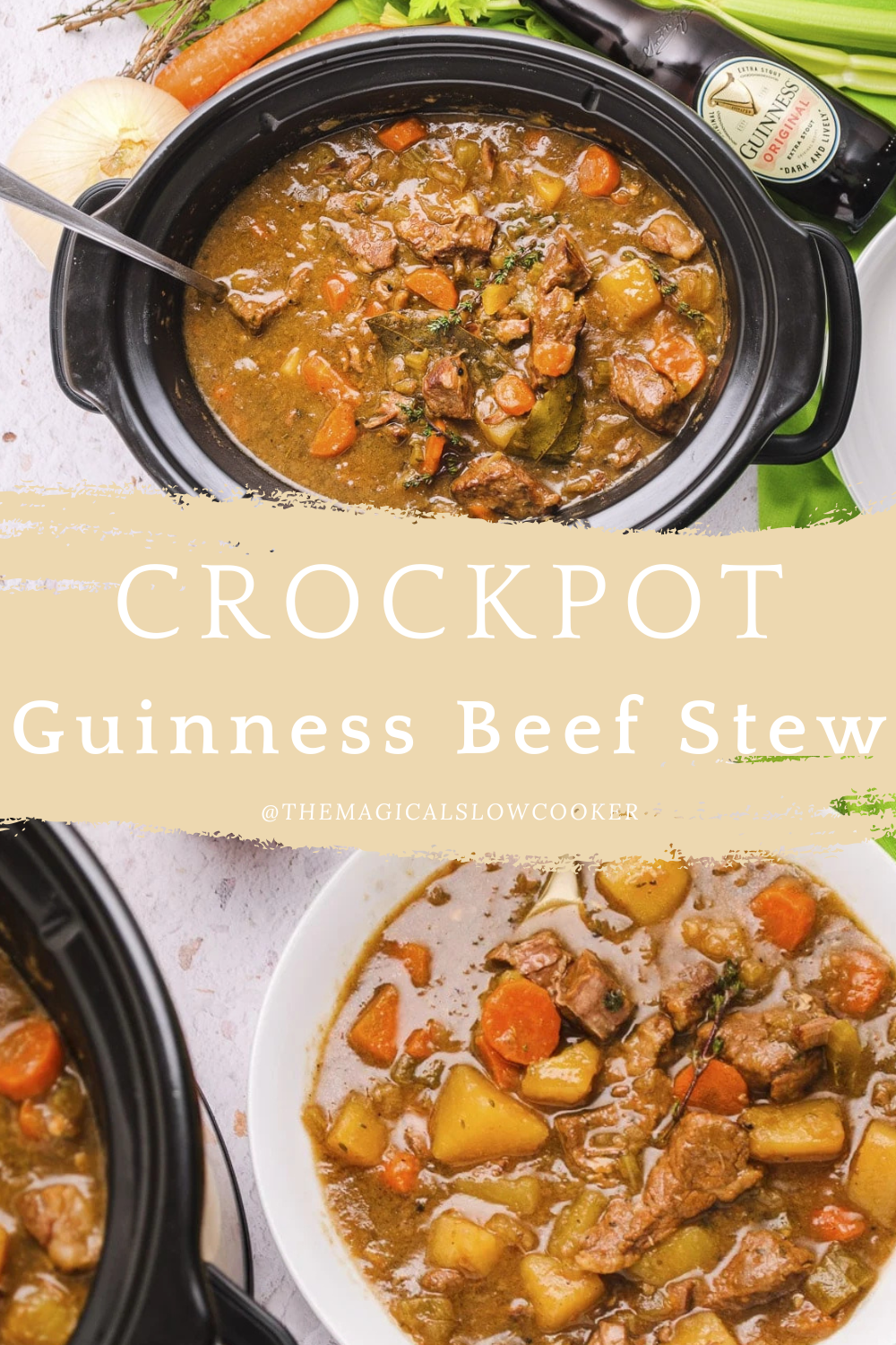 guinness beef stew in a slow cooker and in a big bowl.