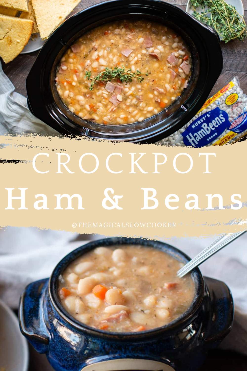 ham and beans in a slow cooker and in hambeens bowl.