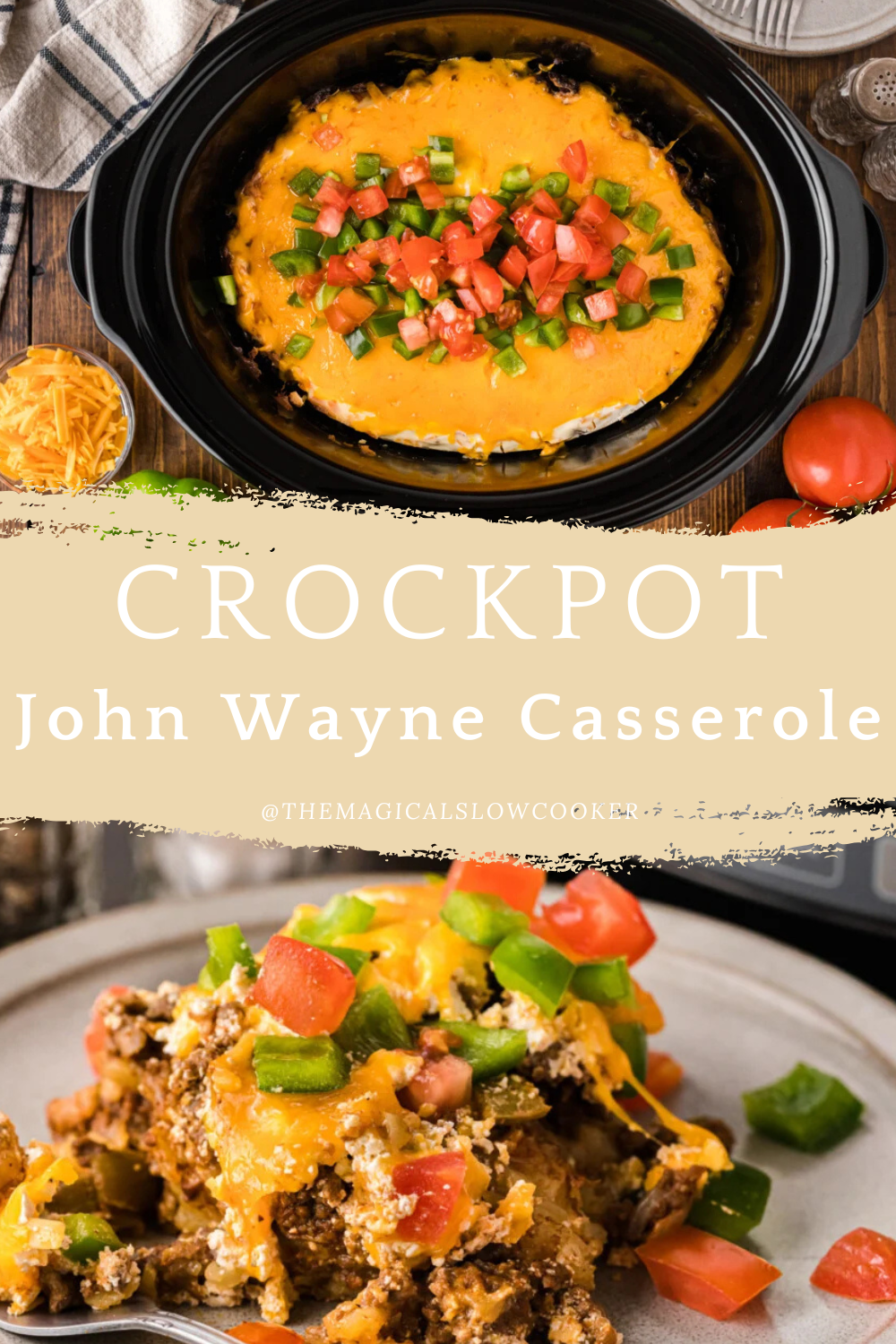 john wayne casserole in a slow cooker and on a plate.