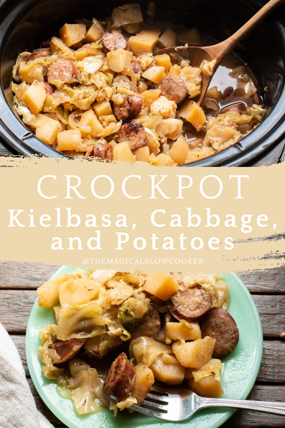 kielbasa, potatoes and cabbage in a slow cooker.