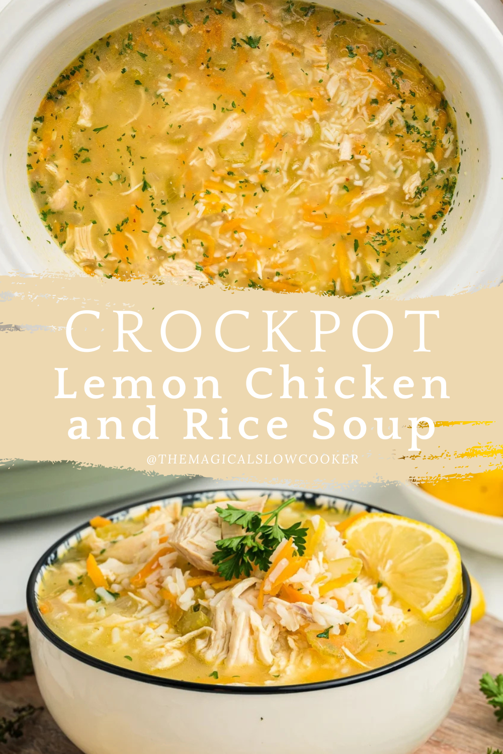 chicken and rice soup in a slow cooker and in a bowl.