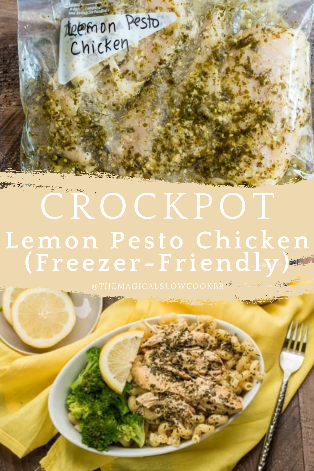 lemon pesto chicken in a slow cooker and one plate.