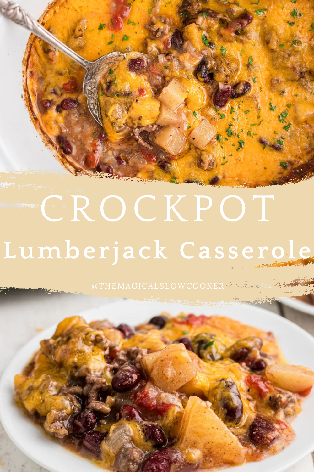 lumberjack casserole in a slow cooker and on a plate.