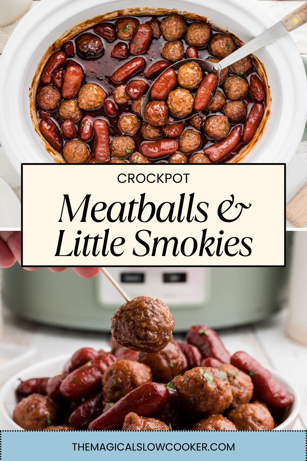 meatballs and little smokies in a slow cooker and piled on a plate.
