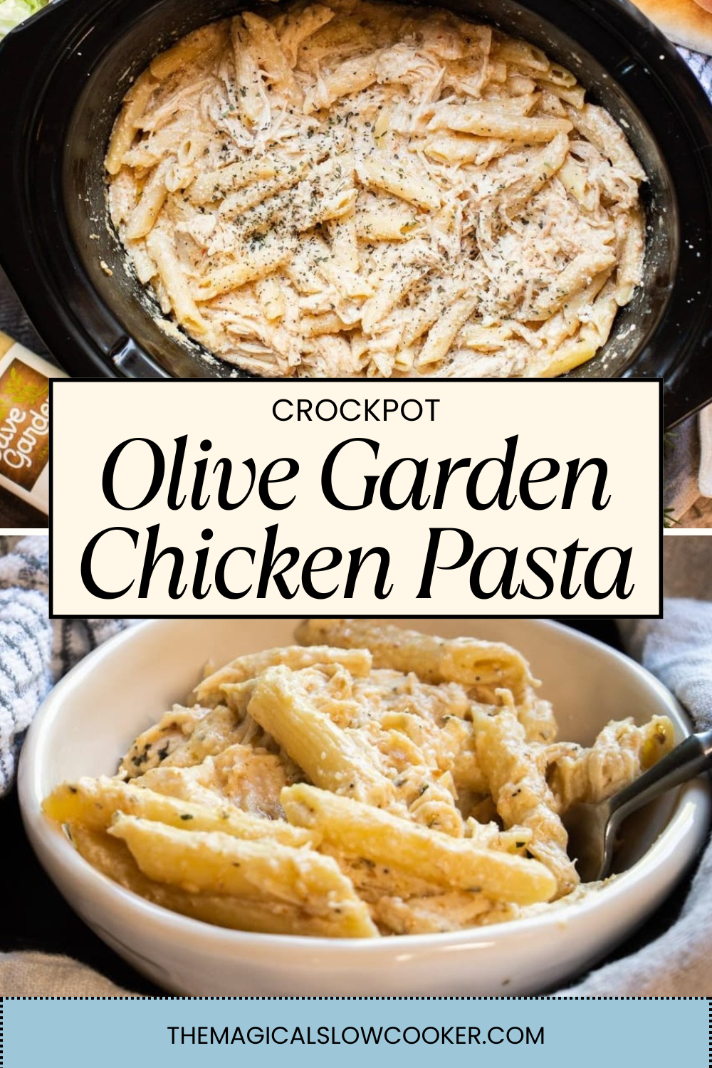 2 images of olive garden pasta, in bowl and in slow cooker.