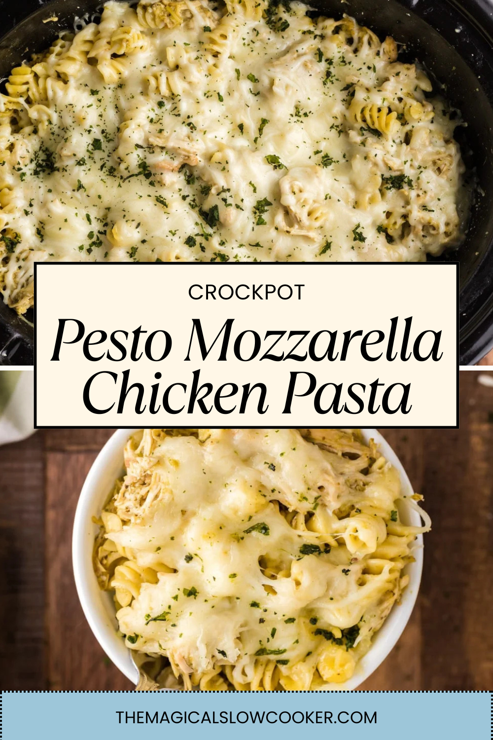 2 images of pesto mozzerella chicken, on a plate and in a slow cooker.