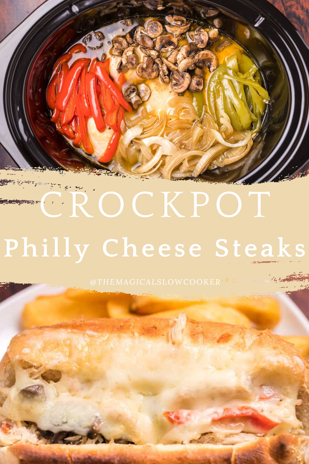 chicken philly cheese steaks in a slow cooker and on a bun.