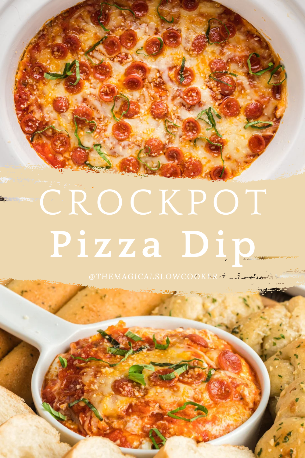 pizza dip in a slow cooker and in a bowl.
