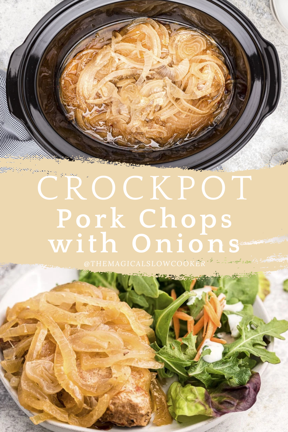 pork chops and onions in a slow cooker on a plate.