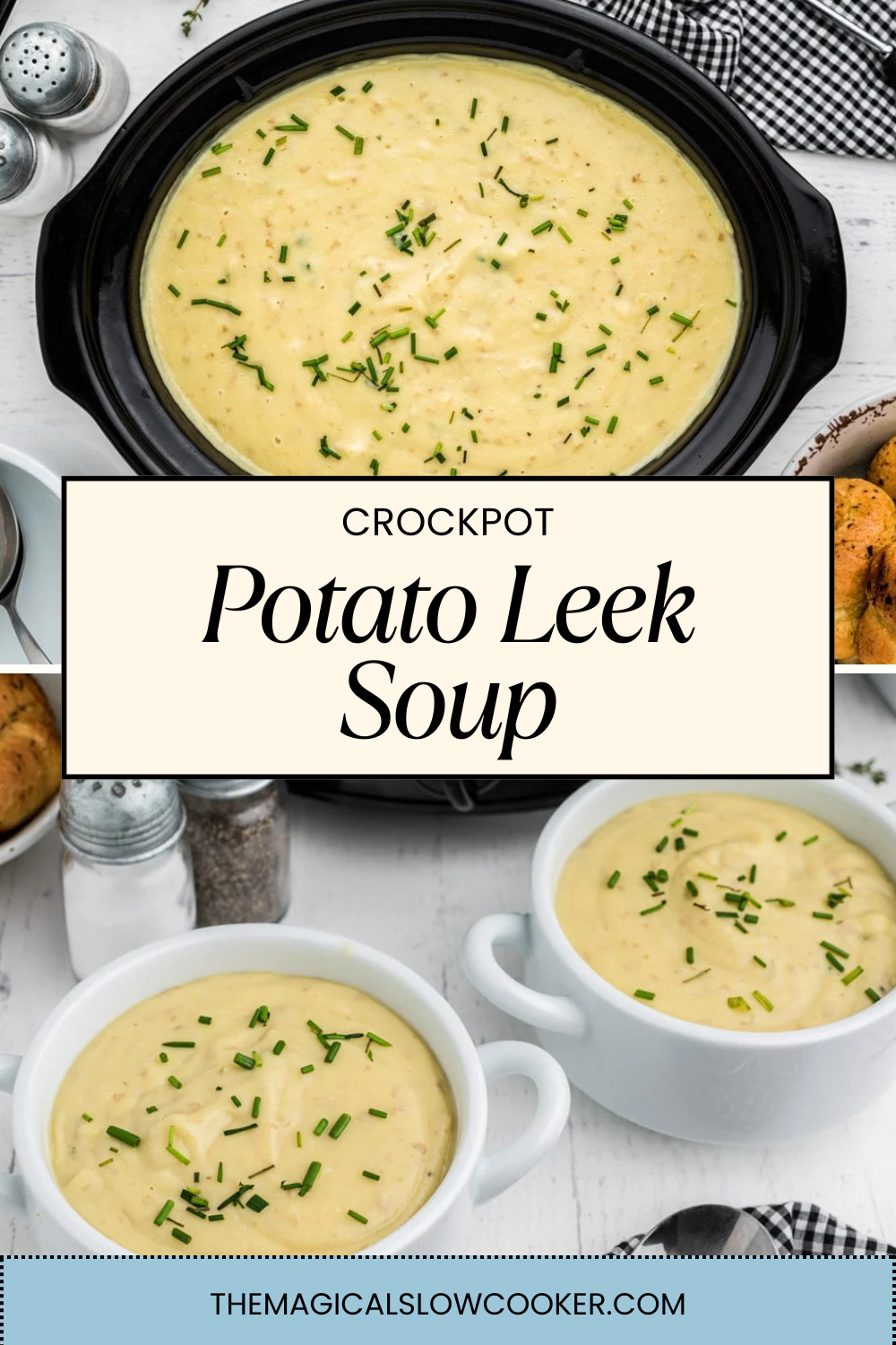 potato leek soup in a slow cooker and in bowls.