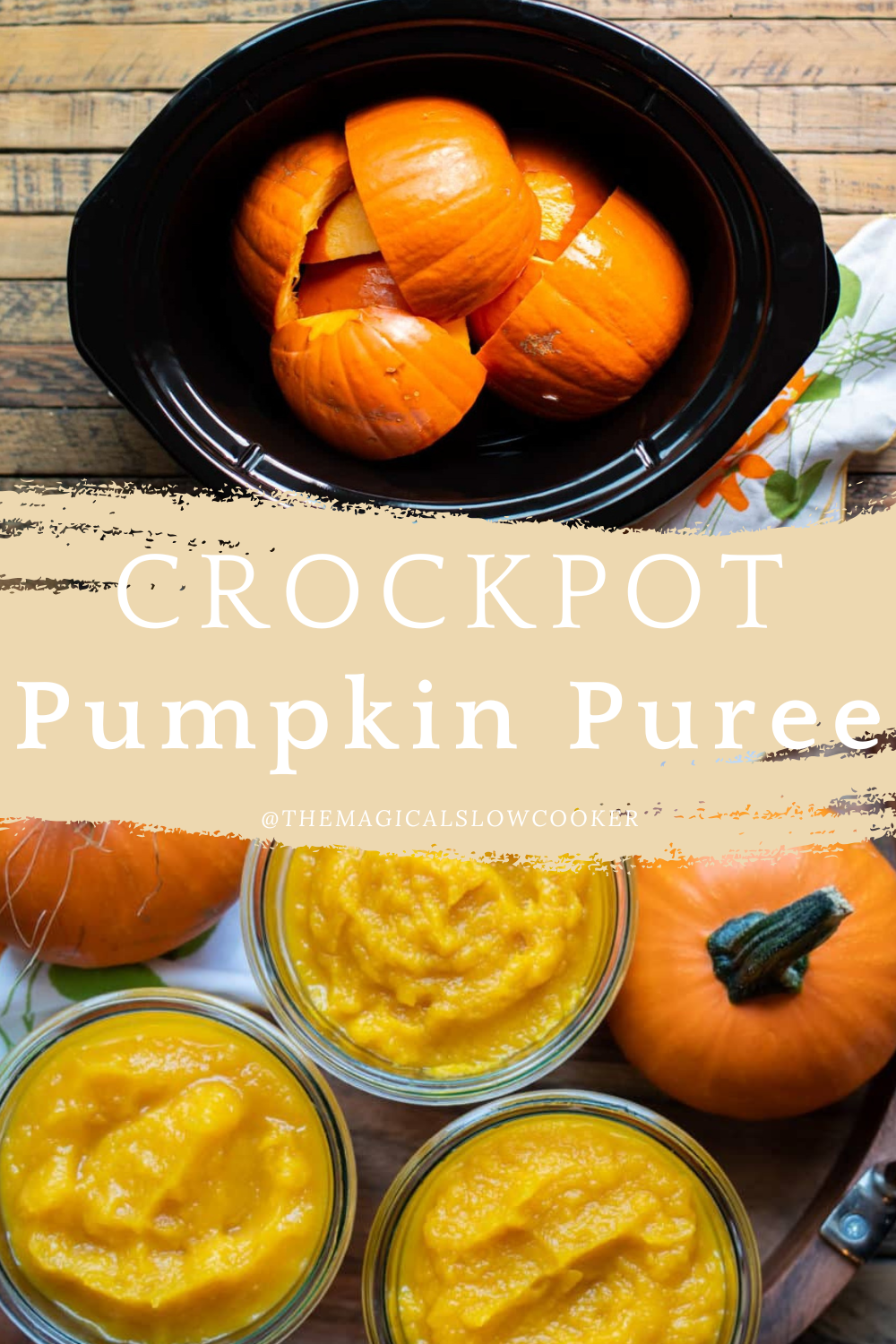 pumpkin puree in a slow cooker and in jars.