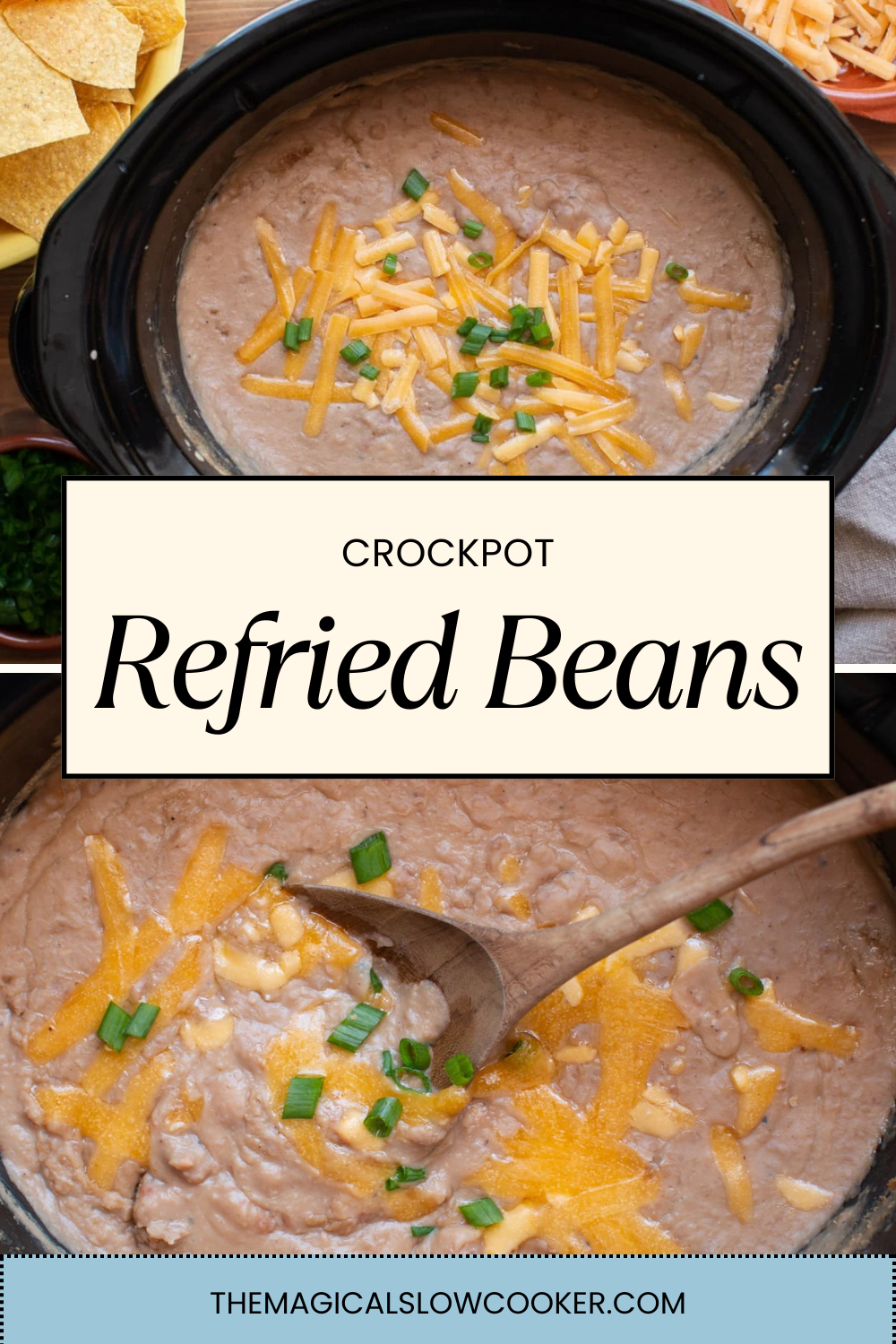 refried beans in a slow cooker and close up.