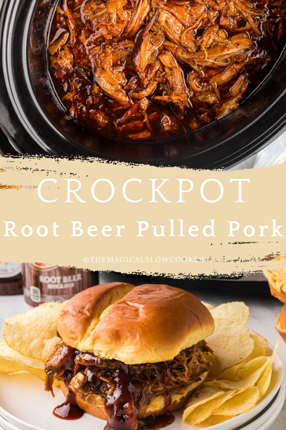 root beer pulled pork in a slow cooker and on a bun.