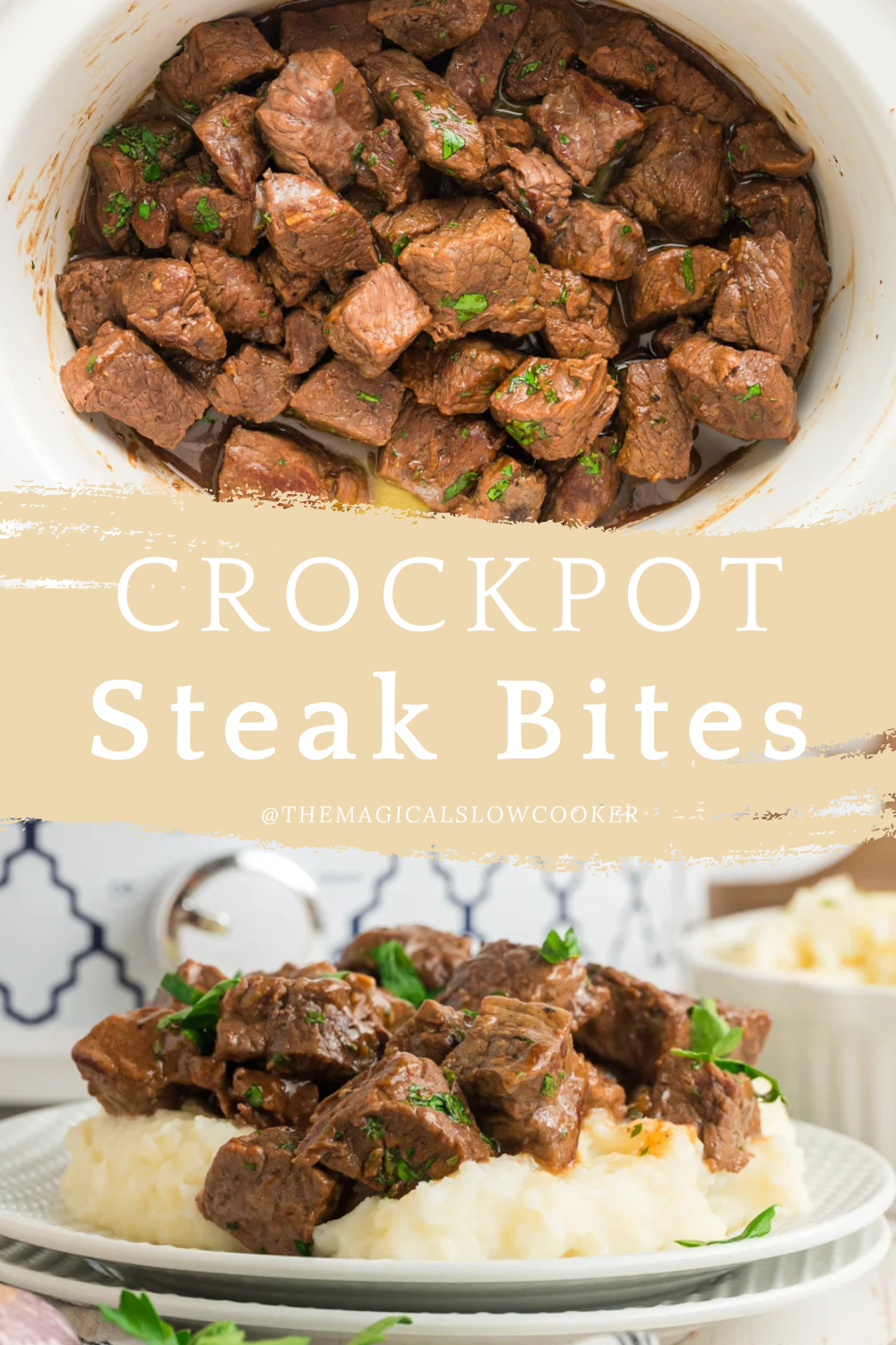 steak bites in a slow cooker and on a plate.