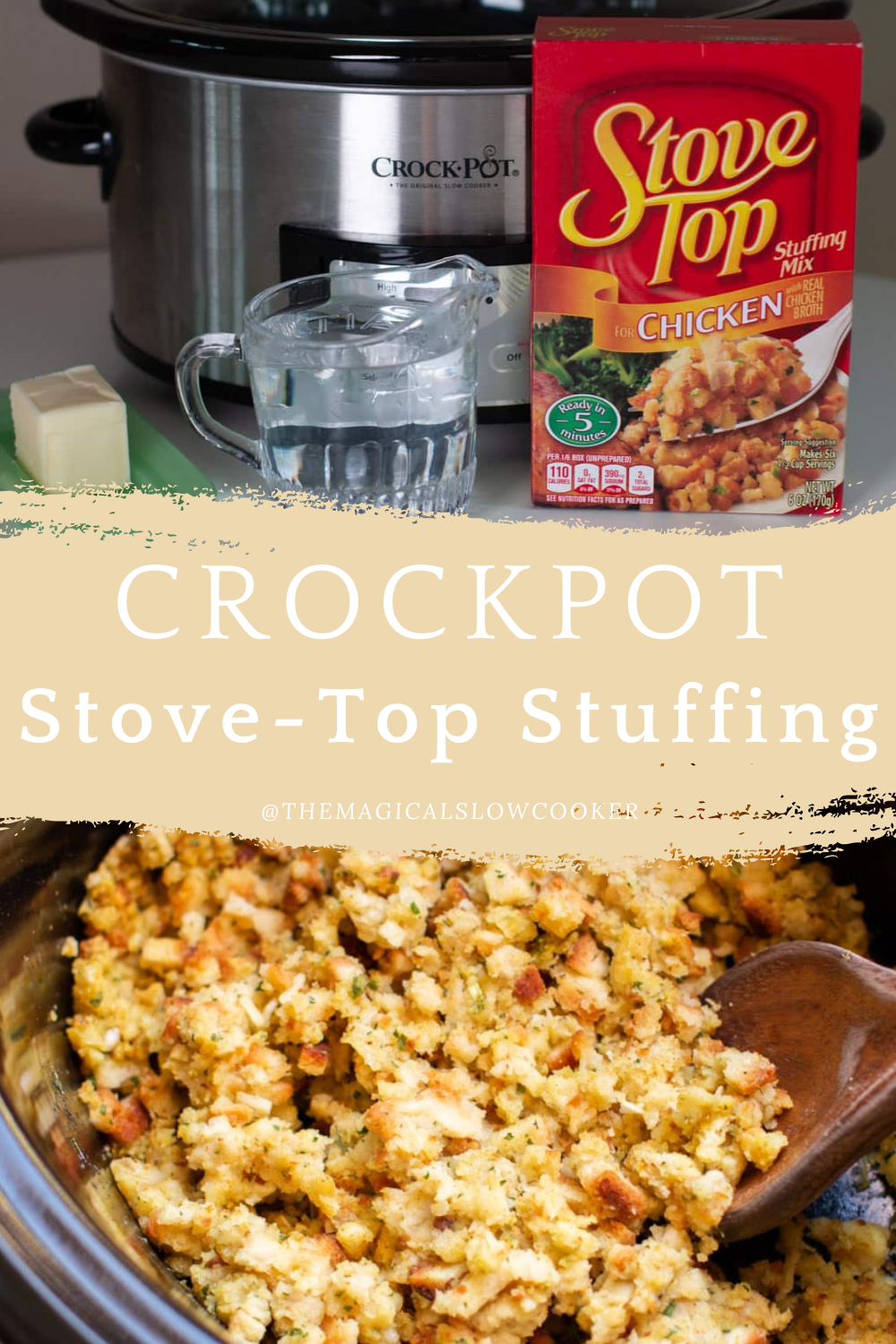 Images of stuffing ingredients and done cooking in a slow cooker.