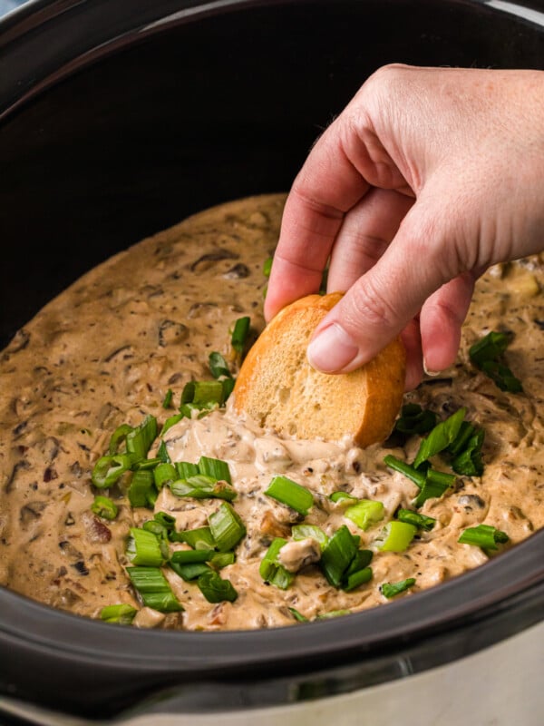 A hand dipping toasted bread into a crockpot of mushroom dip.