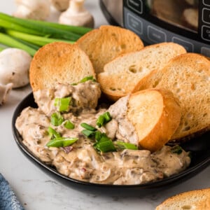 Stuffed mushroom dip in a serving bowl with toasted bread pieces in it.