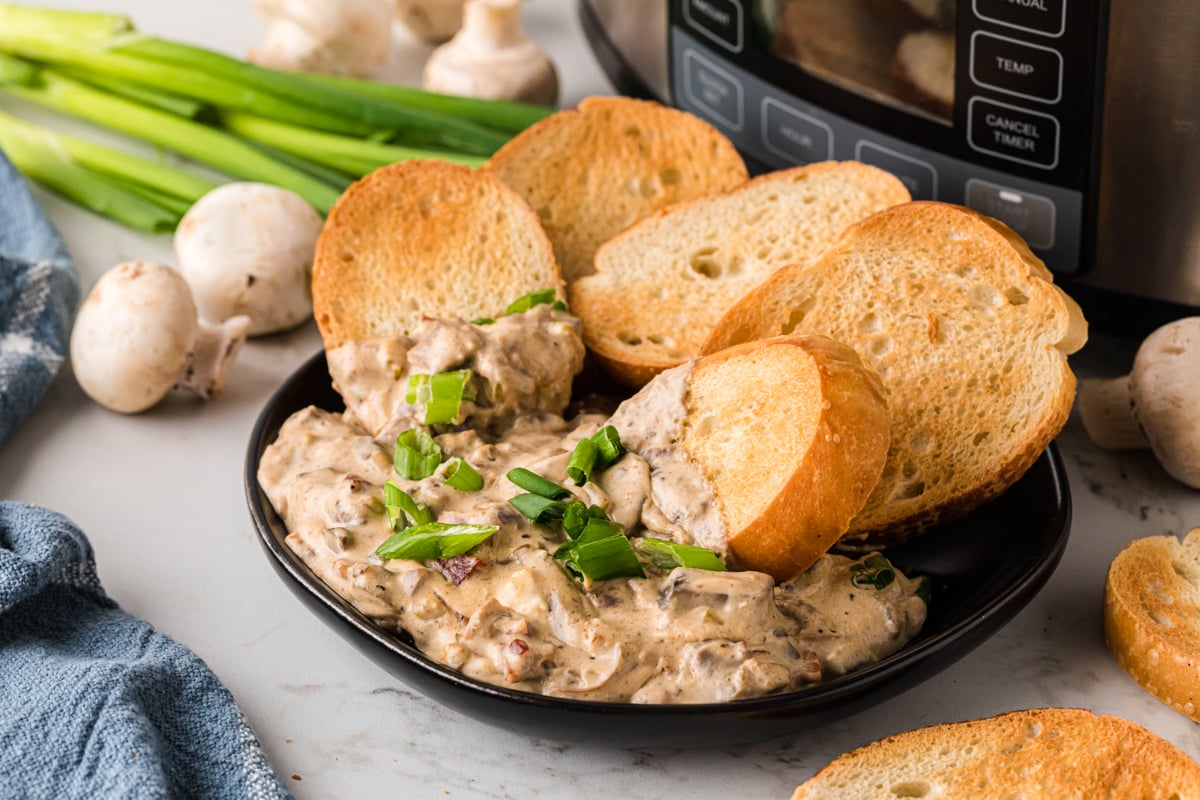 Stuffed mushroom dip in a serving bowl with toasted bread pieces in it.