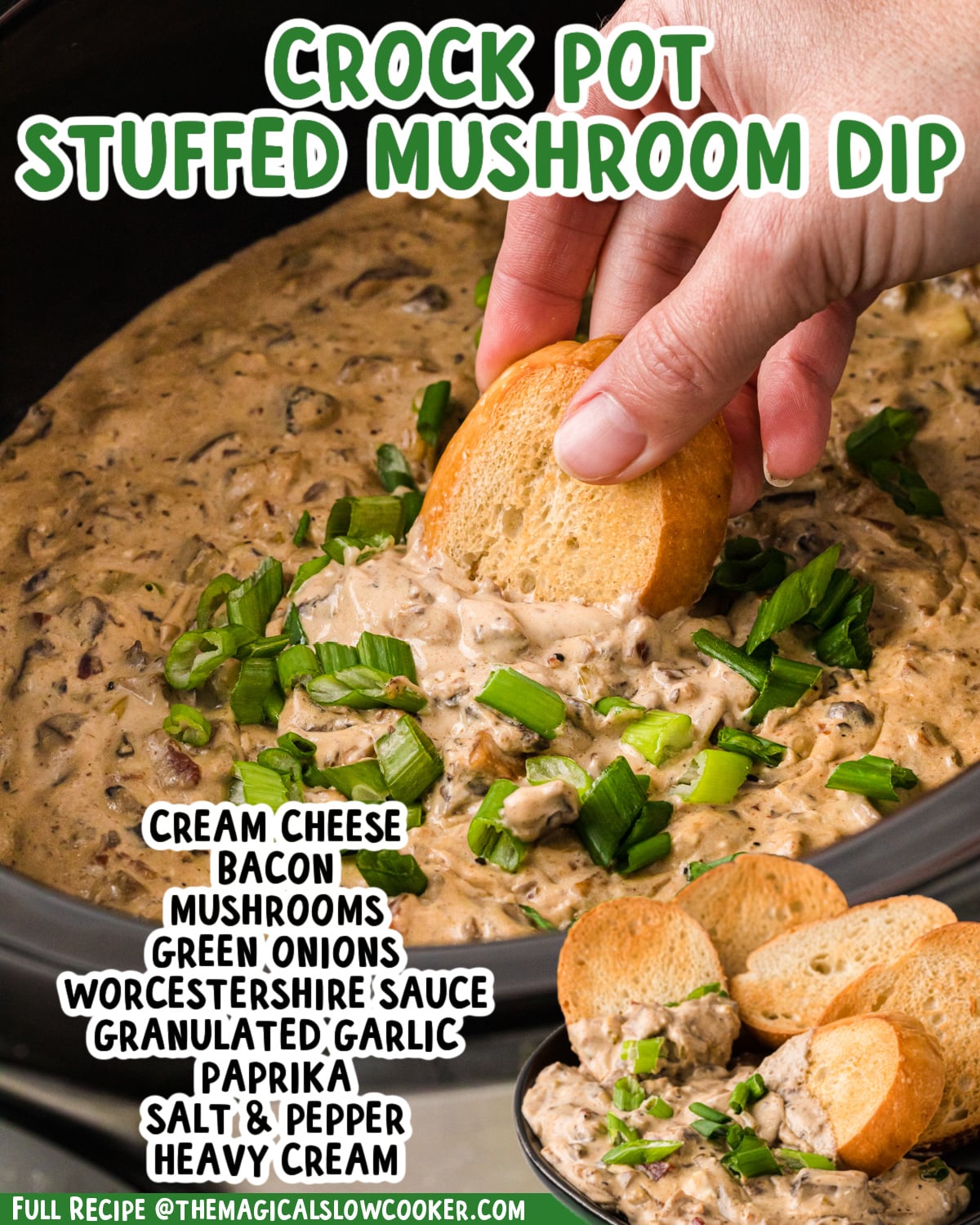 Two images of stuffed mushroom dip with text list of ingredients.