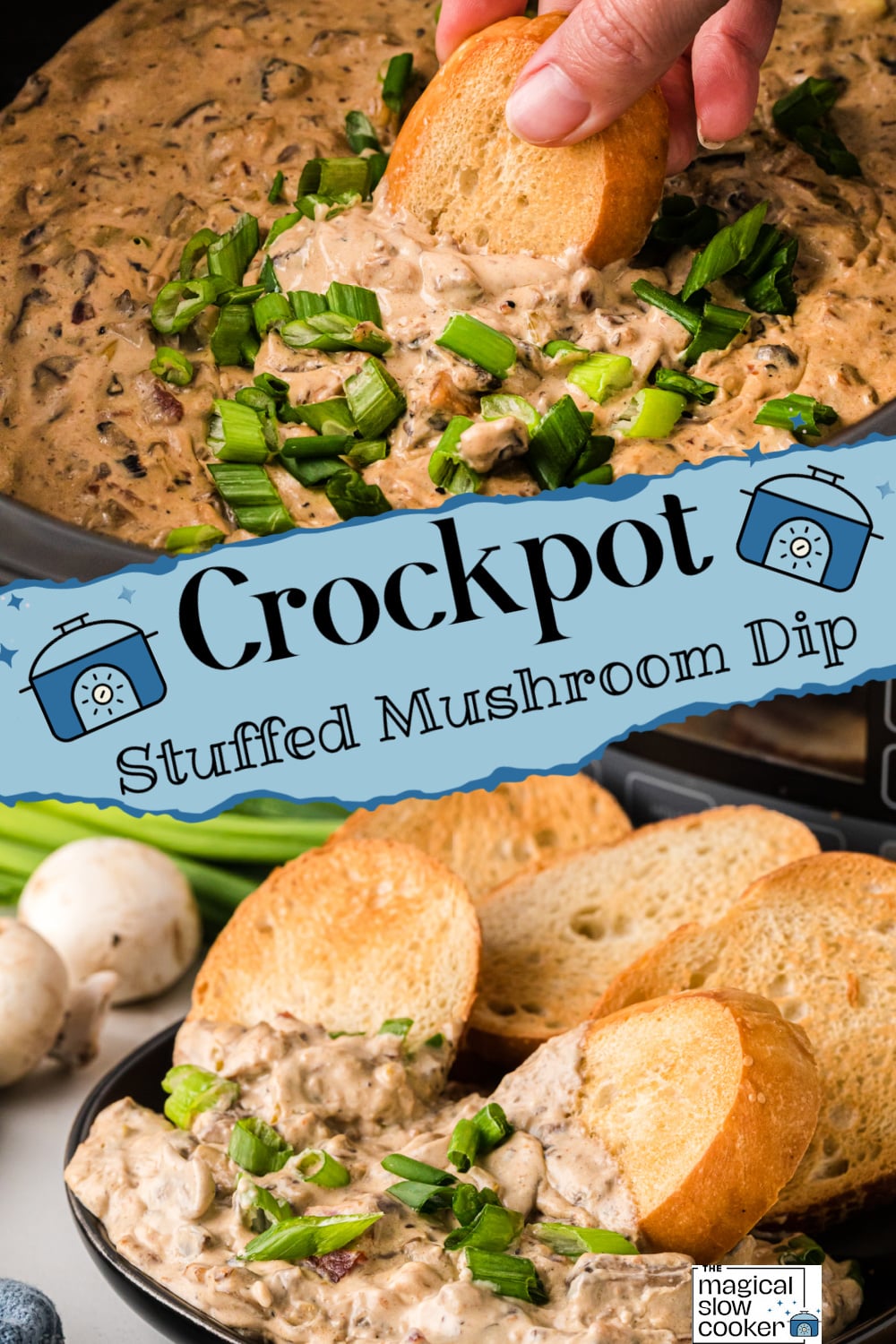 Two images of crockpot stuffed mushroom dip with title text overlay.