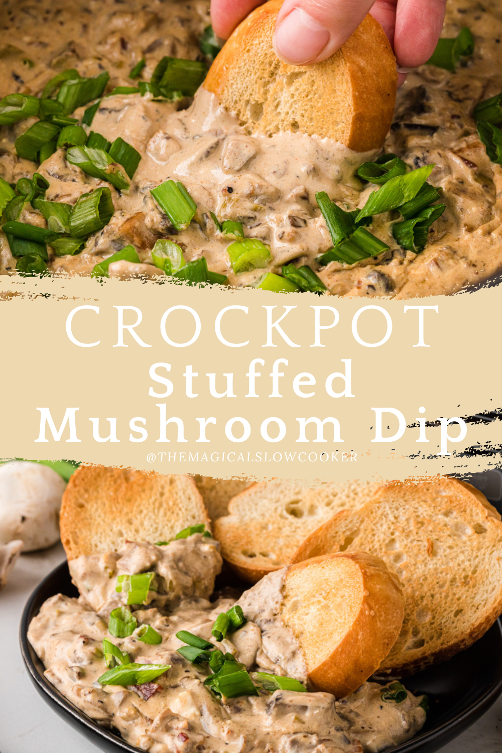 Two images of stuffed mushroom dip with title text overlay.