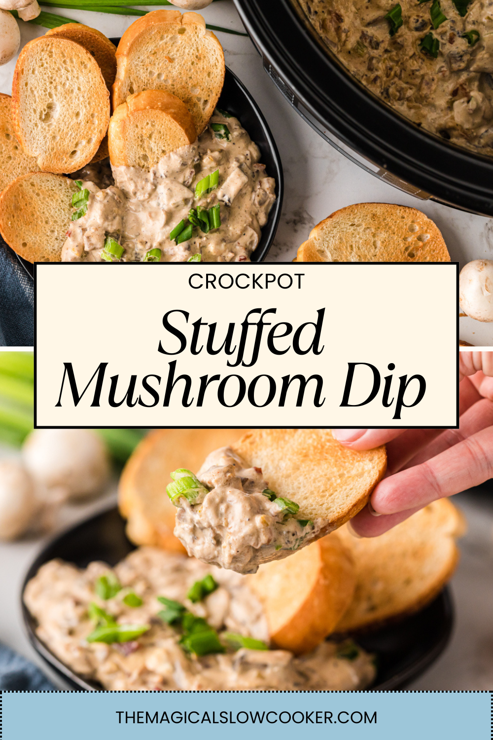 Two images of stuffed mushroom dip with text overlay.