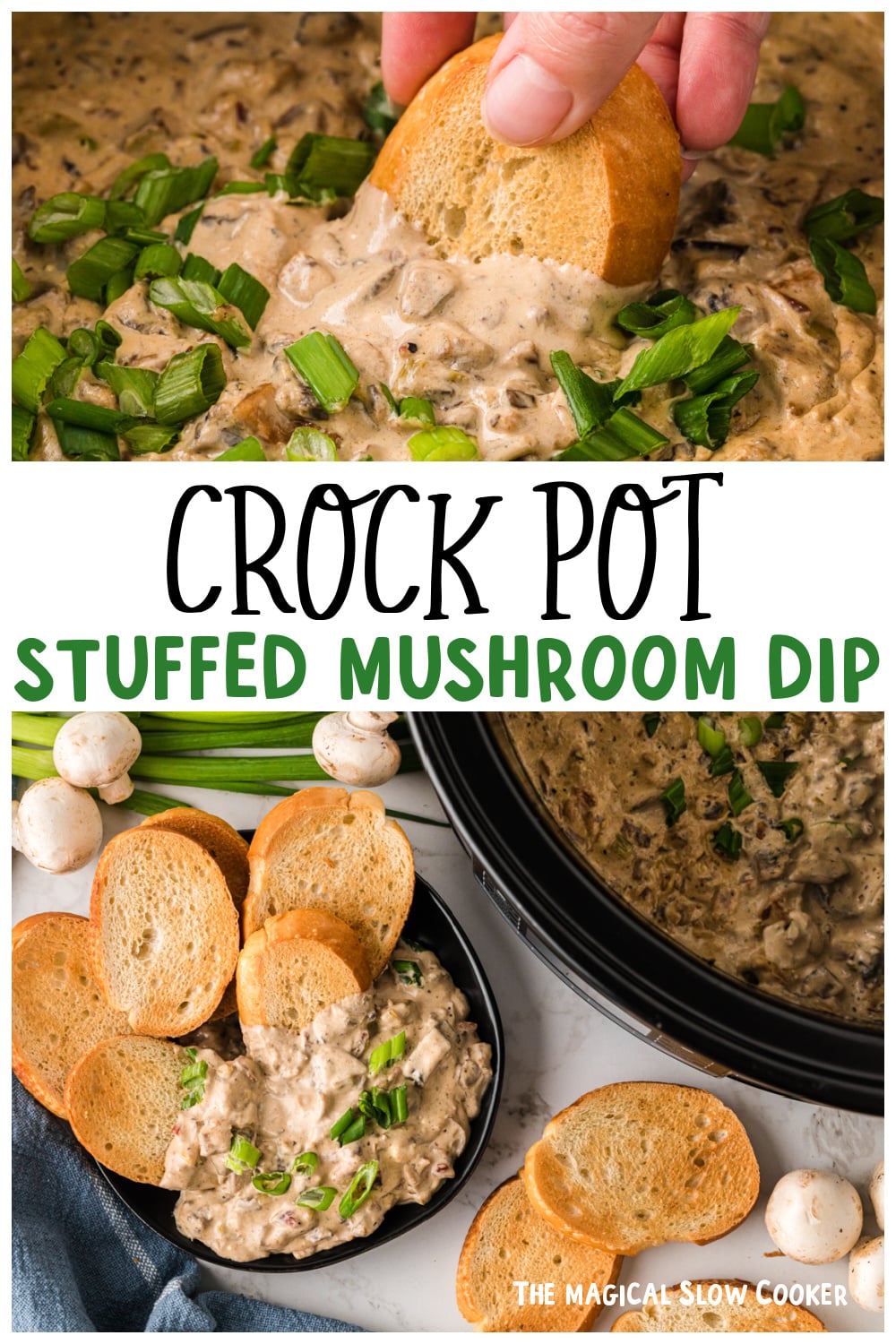 Two images of stuffed mushroom dip for pinterest.