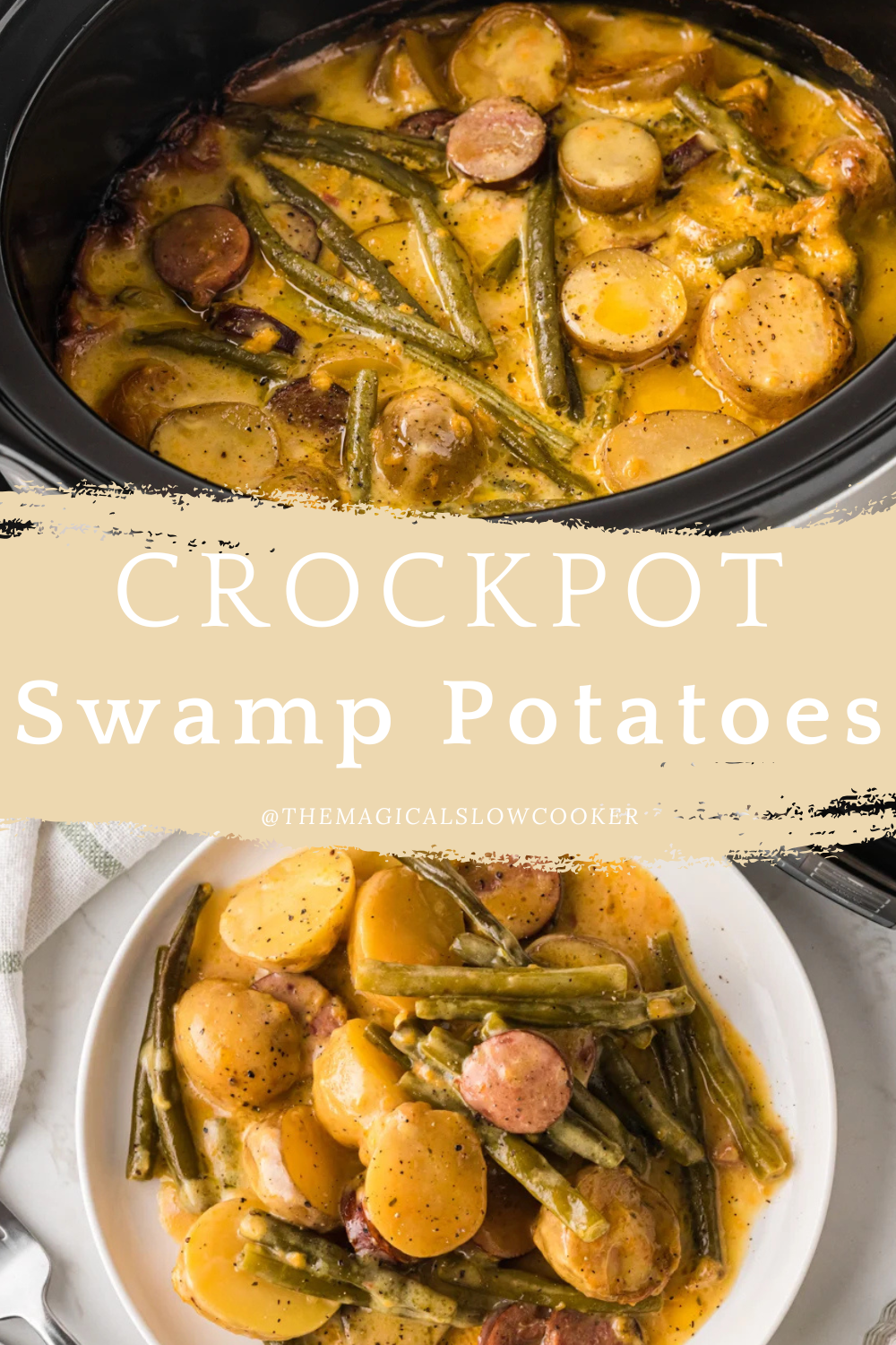 swamp potatoes in a slow cooker and on a plate.