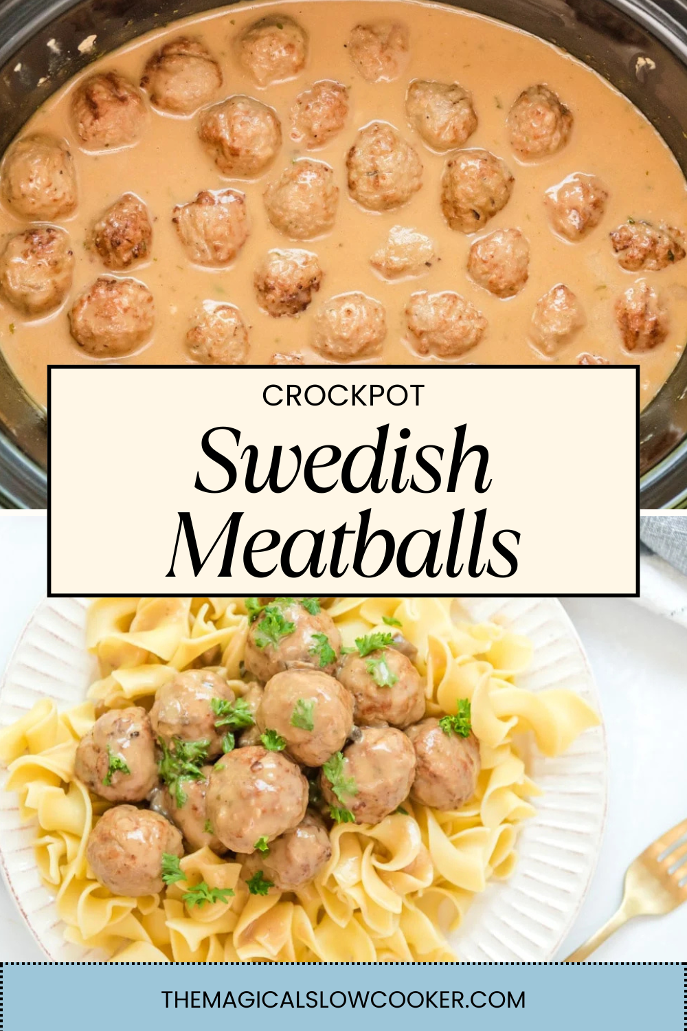 swedish meatballs in a slow cooker and on a plate.