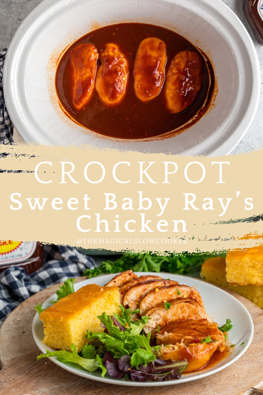 sweet baby rays chicken in a slow cooker and on a plate.
