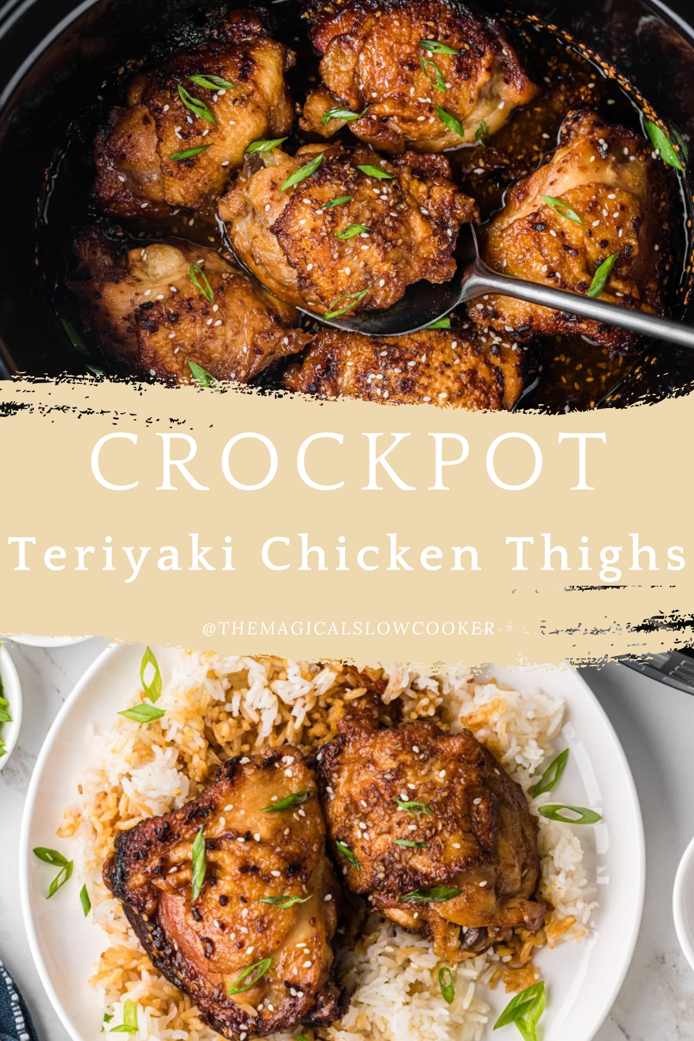 teriyaki chichken thighs in a slow cooker and on a plate.