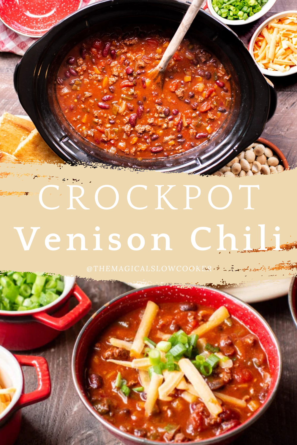 venison chili in a slow cooker and in bowl.