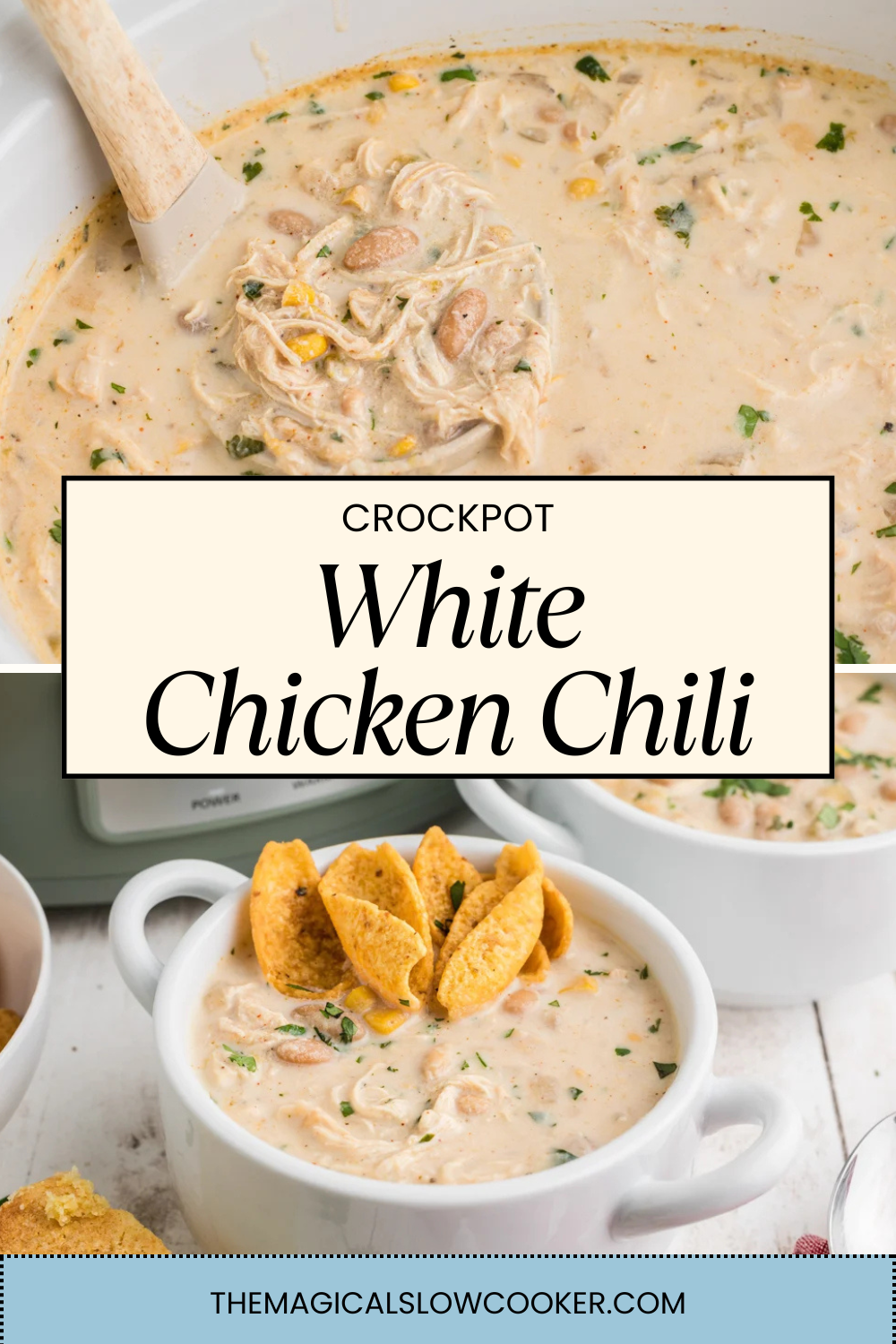 white chicken chili in a slow cooker and in a bowl.