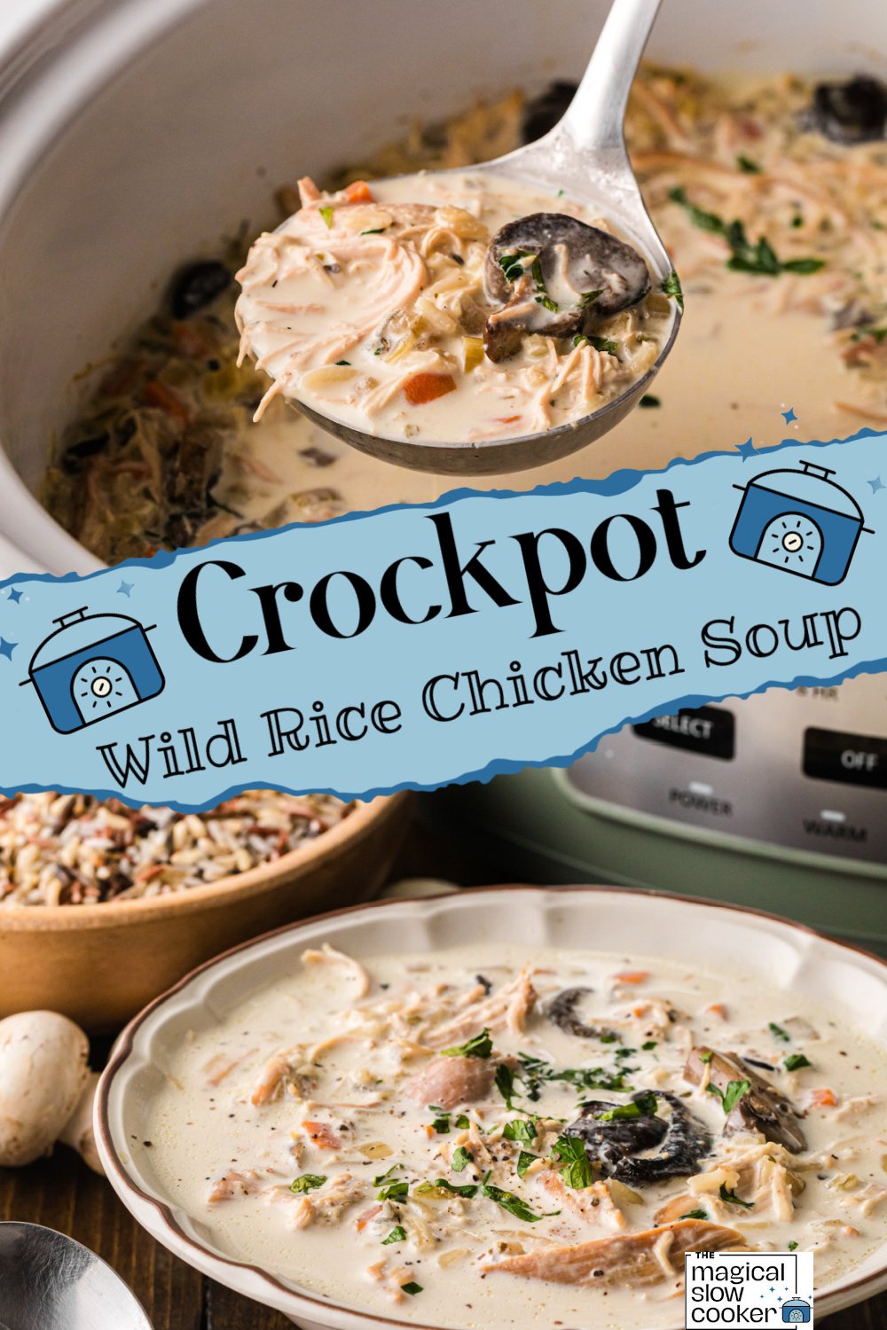 Two images of crockpot wild rice chicken soup with title text overlay.