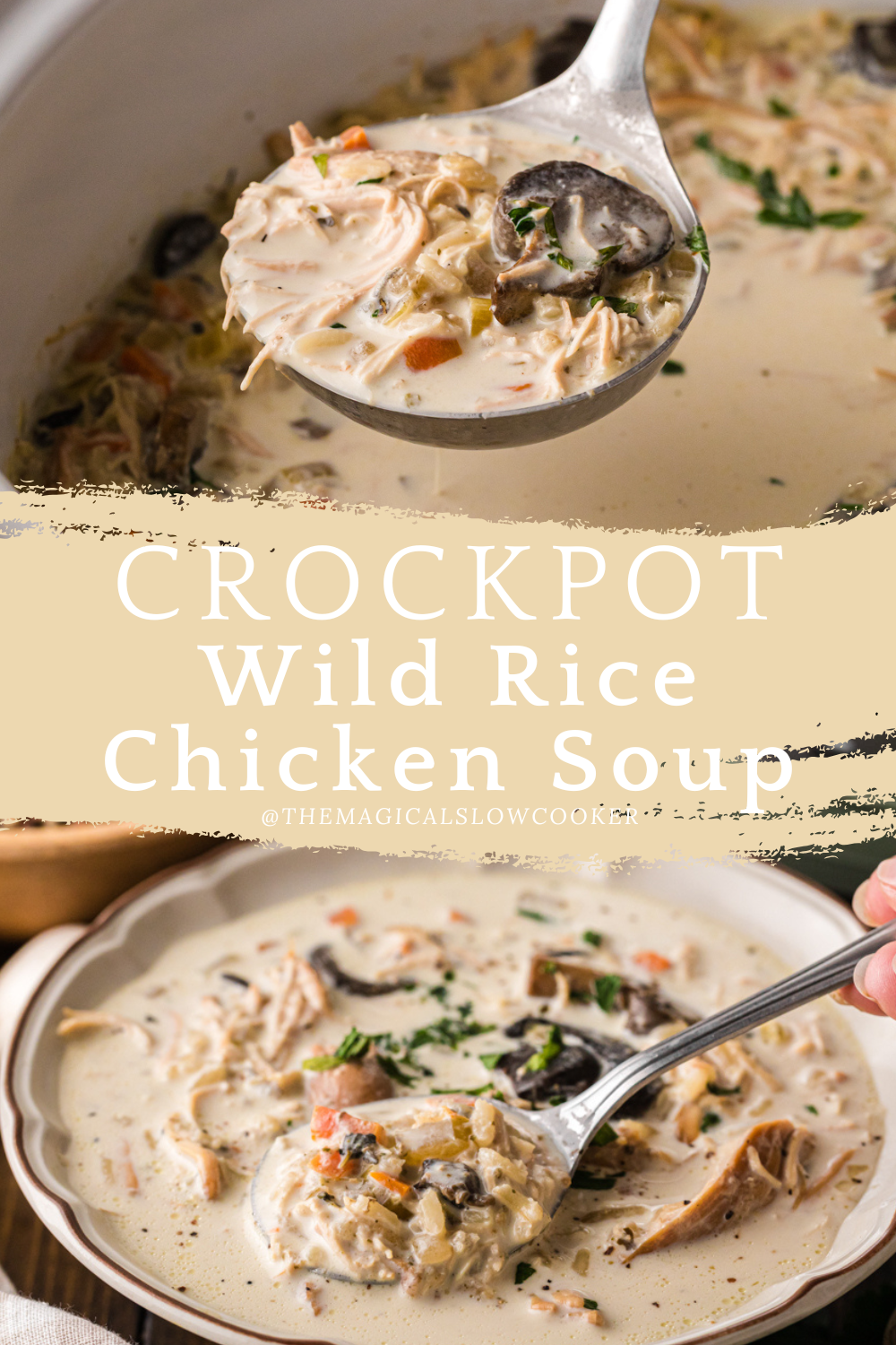 Two images of crockpot wild rice chicken soup with text overlay.