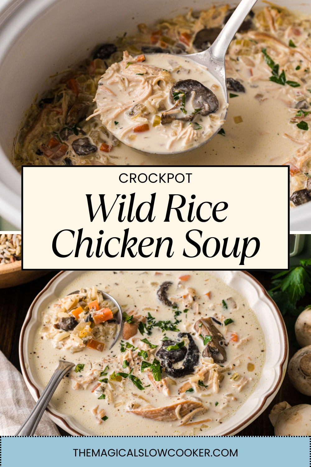 Two images of wild rice chicken soup with text overlay.