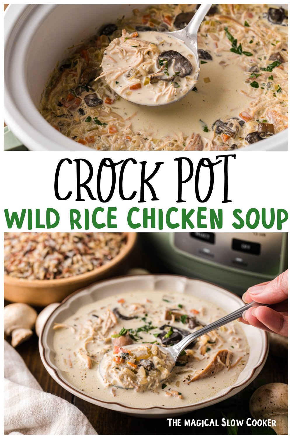 Two images of wild rice chicken soup for pinterest.