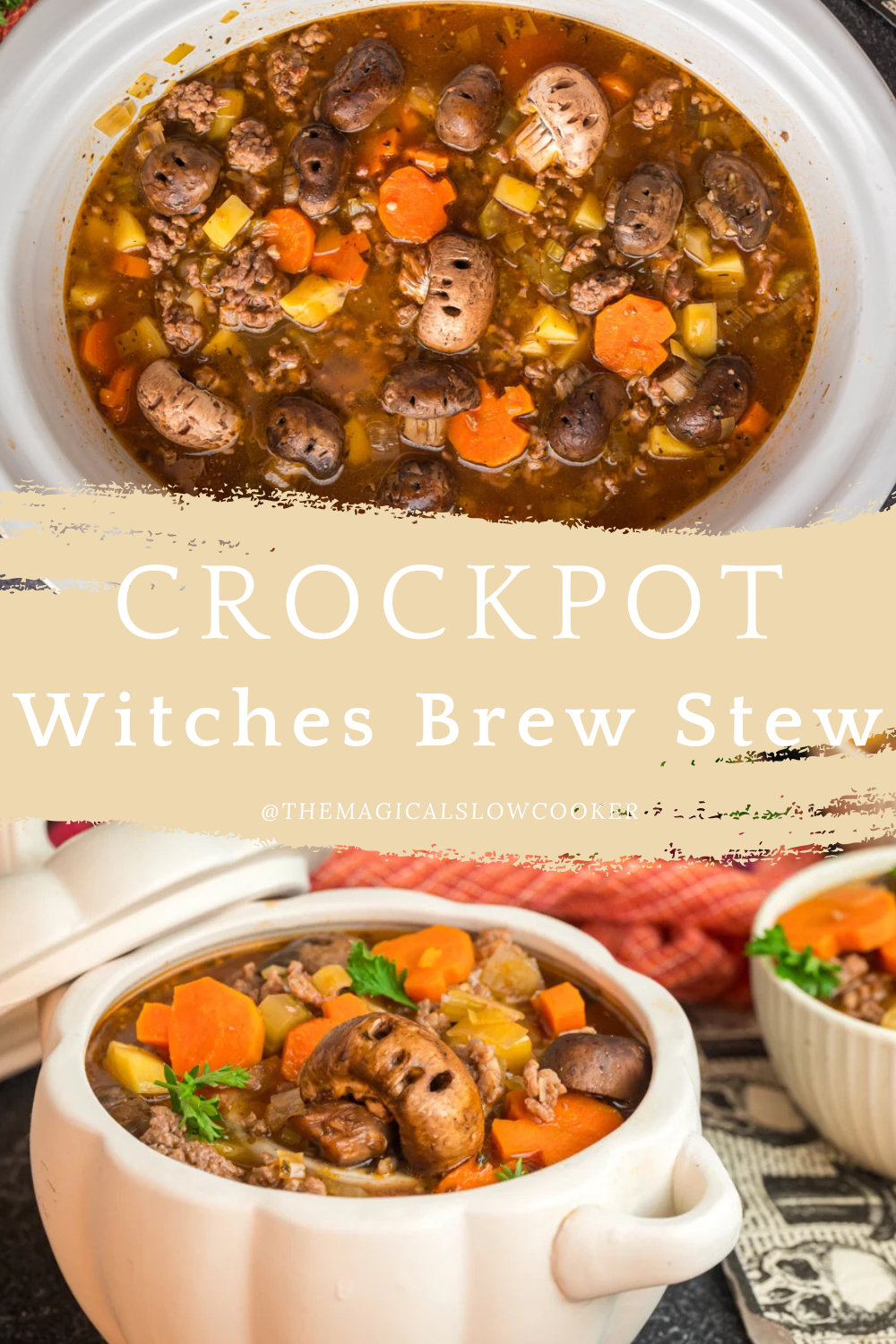 witches brew stew in a slow cooker and on a plate.