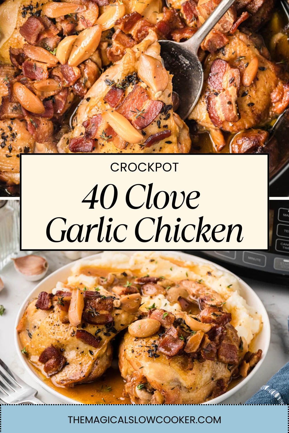 40 CLOVE GARLIC chicken in a slow cooker and on a plate.