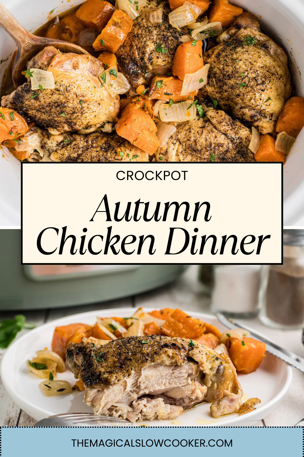 autumn chicken in a slow cooker and on a plate.