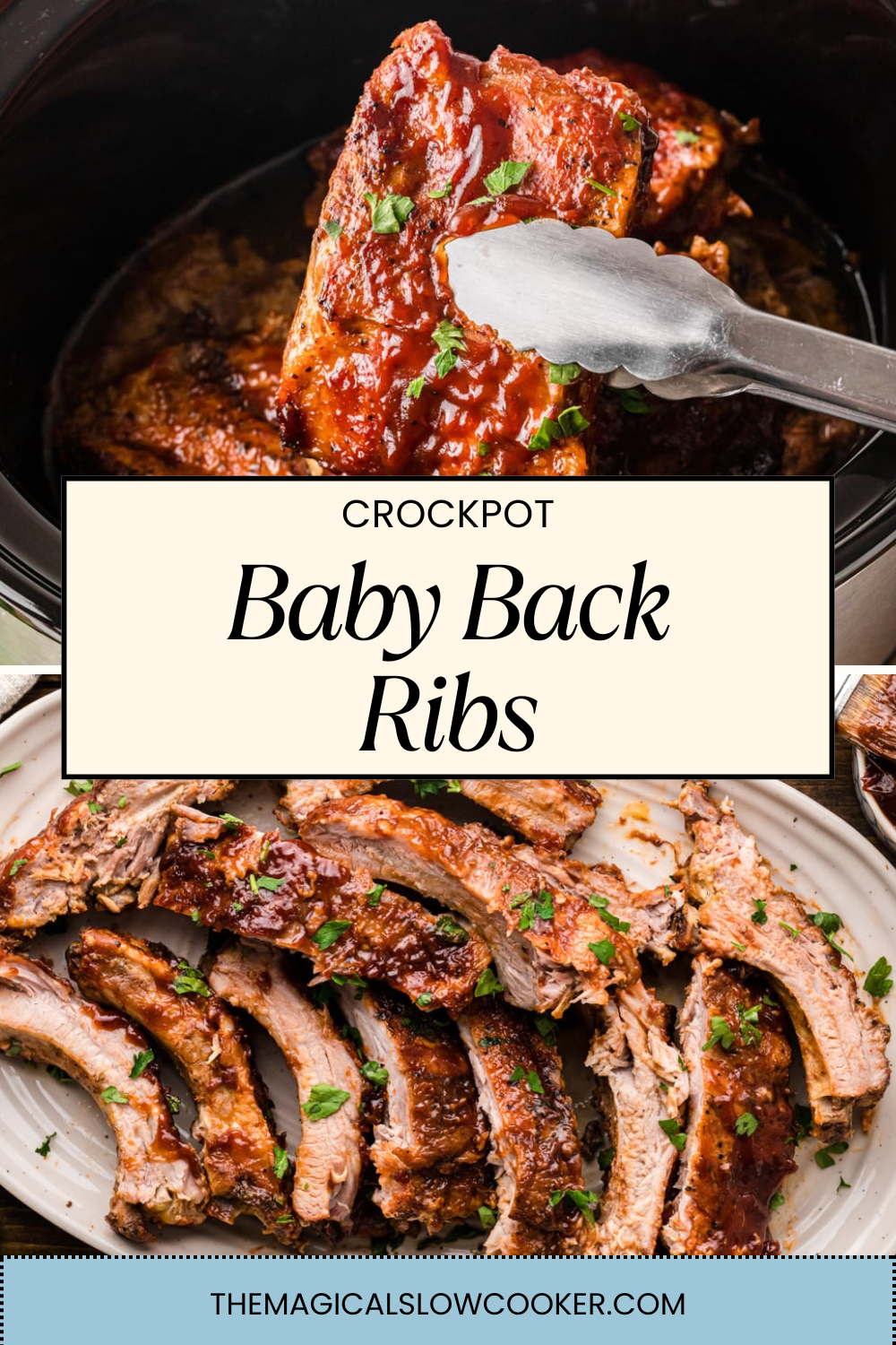baby back ribs on a plate and on tongs.