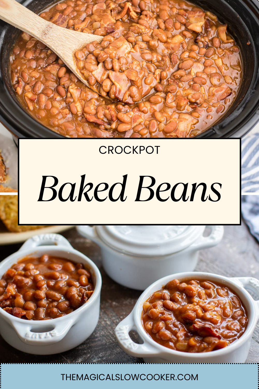 baked beans in a slow cooker and in ramekins.