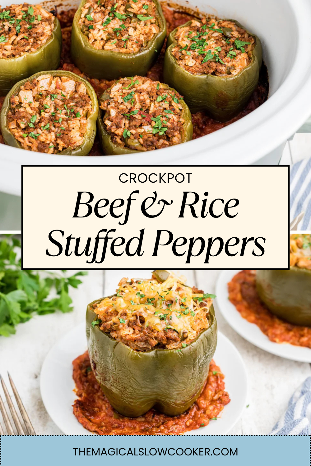 stuffed bell peppers in a slow cooker and on a plate.
