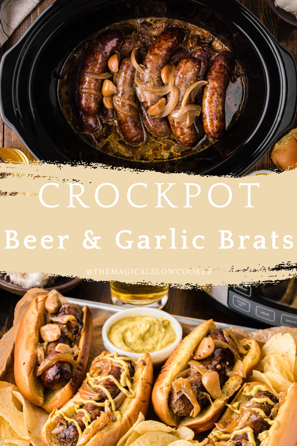 garlic beer brats in a slow cooker and in buns.